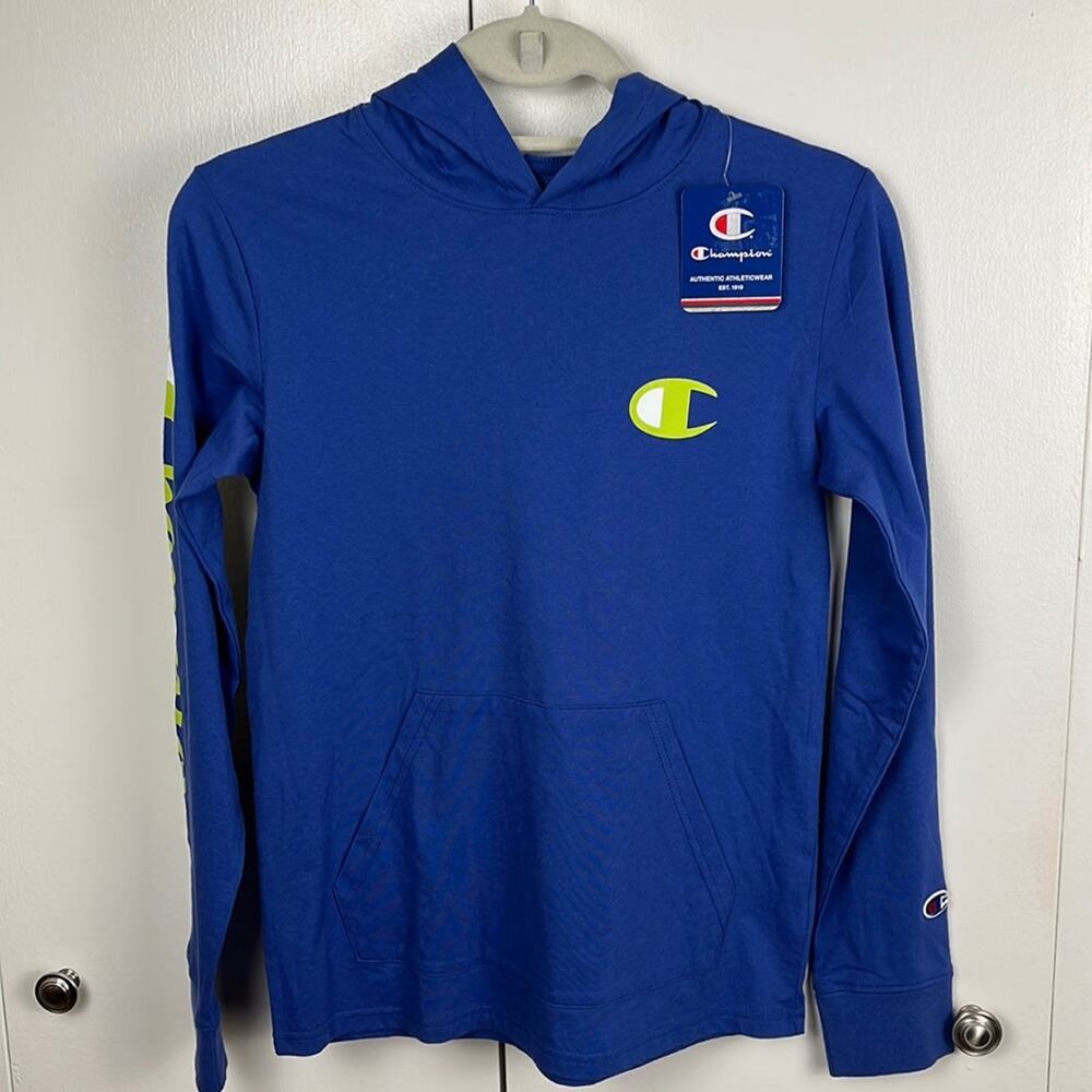 Champion Lightweight Hoodie Shirt Boys Size Large Blue Long Sleeve Logo